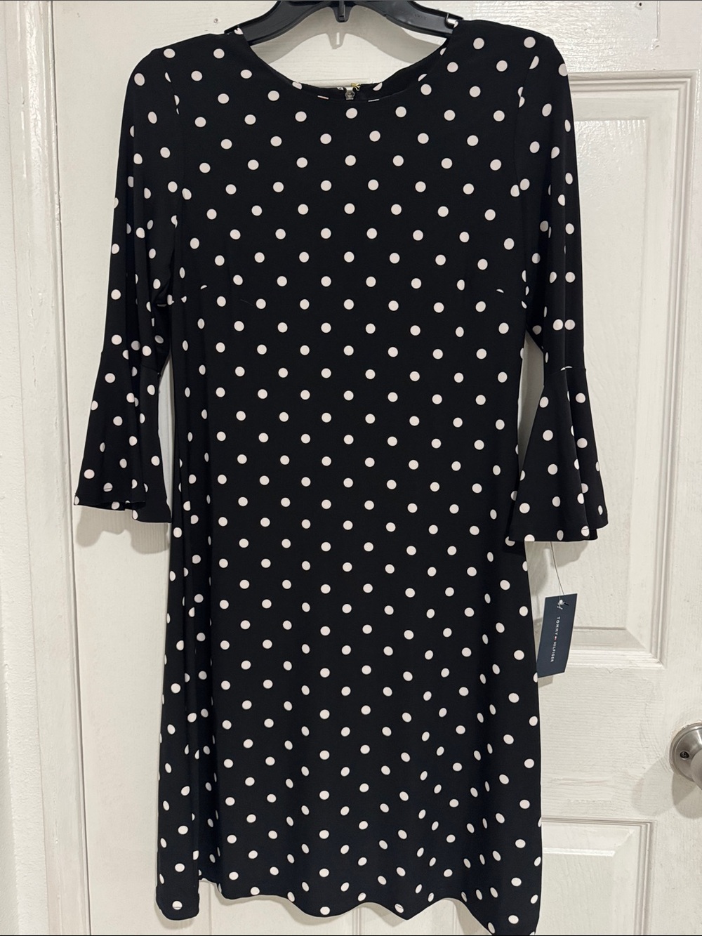 Tommy Hilfiger Black Dress with White Polka Dots and Bell Sleeves Size 4